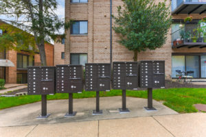 five groups of outdoor mailboxes