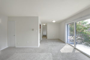 carpeted living room facing bright sliding glass door